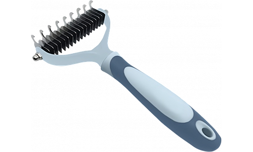 Dog Dematting Rake Comb Blue dematting rake comb for dogs and cats, with stainless steel blades and an ergonomic handle for comfortablee grooming.