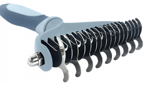 Dog Dematting Rake Comb Blue dematting rake comb for dogs and cats, with stainless steel blades and an ergonomic handle for excess fur.