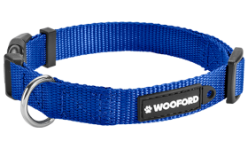 Blue adjustable dog collar, sturdy silver D-ring metal to attach a dog tag, comfortable and durable lightweight nylon.