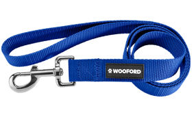 Durable blue nylon dog leash 120cm, easy to clean, with a comfortable loop handle and a secure silver clasp.