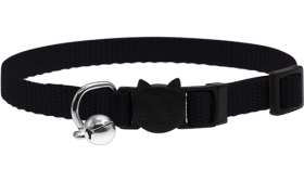 Adjustable breakaway cat collar in black, lightweight, with a safety buckle with cat design and a small silver bell.