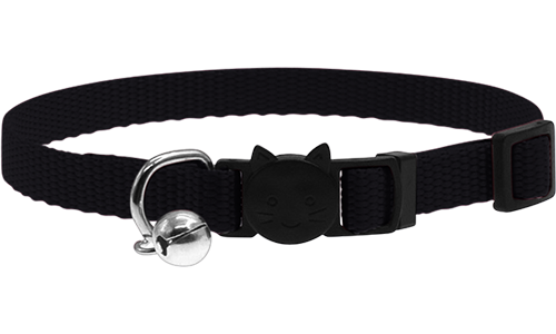 Essential Breakaway Cat Collar Adjustable breakaway cat collar in black, lightweight, with a safety buckle with cat design and a small silver bell.