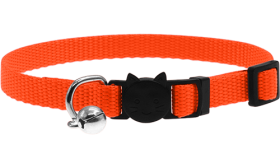 Adjustable breakaway cat collar in orange, lightweight, with a safety buckle with cat design and a small silver bell.