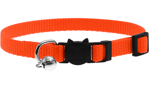 Essential Breakaway Cat Collar Adjustable breakaway cat collar in orange, lightweight, with a safety buckle with cat design and a small silver bell.