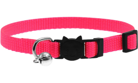 Adjustable breakaway cat collar in pink, lightweight, with a safety buckle with cat design and a small silver bell.