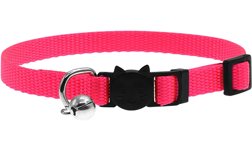 Essential Breakaway Cat Collar Adjustable breakaway cat collar in pink, lightweight, with a safety buckle with cat design and a small silver bell.