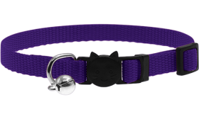 Essential Breakaway Cat Collar Adjustable breakaway cat collar in purple, lightweight, with a safety buckle with cat design and a small silver bell.