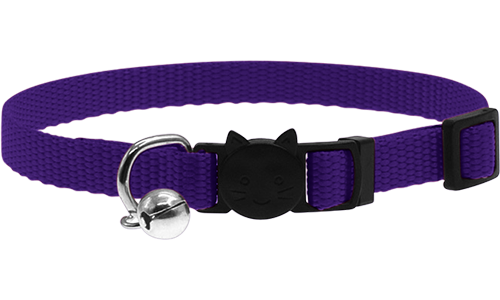 Essential Breakaway Cat Collar Adjustable breakaway cat collar in purple, lightweight, with a safety buckle with cat design and a small silver bell.
