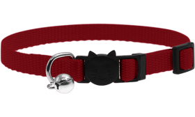 Adjustable breakaway cat collar in red, lightweight, with a safety buckle with cat design and a small silver bell.