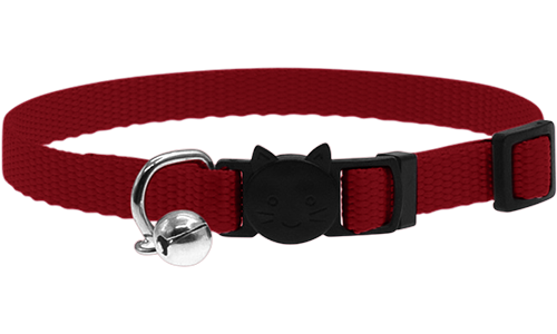 Essential Breakaway Cat Collar Adjustable breakaway cat collar in red, lightweight, with a safety buckle with cat design and a small silver bell.