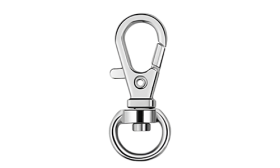 Snap hook Silver snap hook for dog tags with spring-loaded clasp and circular ring, 3cm x 1cm, for securely attaching dog id tags.