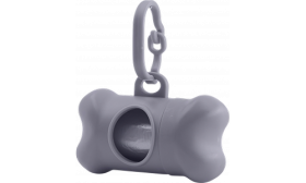 Grey bone-shaped dog poop bag dispenser, convenient for dog owners. Easily attaches to leashes for quick access to bags.