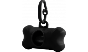 Black bone-shaped dog poop bag dispenser, convenient for dog owners. Easily attaches to leashes for quick access to bags.