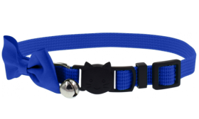 Blue cat collar with a stylish bow and breakaway clasp, adjustable and lightweight, with a bell for charm & safety.