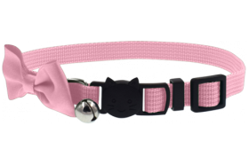 Pink cat collar with a stylish bow and breakaway clasp, adjustable and lightweight, with a bell for charm & safety.
