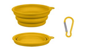 Yellow collapsible dog bowl, 350ml capacity, compact and travel-friendly. Foldable for easy portability and cleaning.
