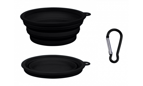 Black collapsible dog bowl, 350ml capacity, compact and travel-friendly. Foldable for easy portability and cleaning.