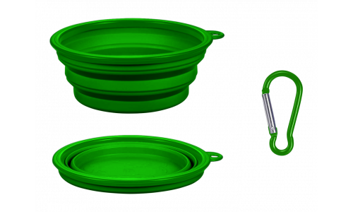 Collapsible Dog Bowl Green collapsible dog bowl, 350ml capacity, compact and travel-friendly. Foldable for easy portability and cleaning.