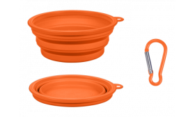 Orange collapsible dog bowl, 350ml capacity, compact and travel-friendly. Foldable for easy portability and cleaning.
