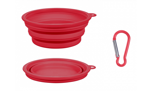 Collapsible Dog Bowl Red collapsible dog bowl, 350ml capacity, compact and travel-friendly. Foldable for easy portability and cleaning.
