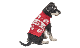 Red winter sweater for dogs with white snowflake pattern, washable, excellent stitching technology.