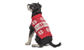 Red winter sweater for dogs with white snowflake pattern, washable, keeping your dog warm and comfortable.