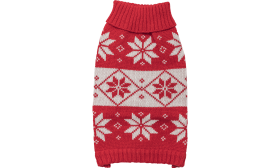Red winter sweater for dogs with white snowflake pattern, washable, light flexibility for easy movement.
