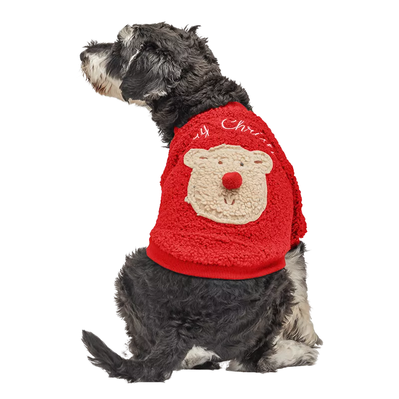 Red buttoned Christmas coat for dogs with a fluffy bear design on the back, washable, for winter and autumn.