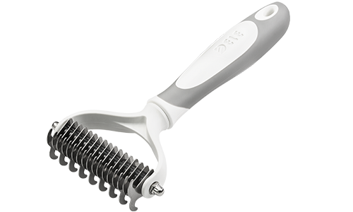White dog dematting rake comb with stainless steel blades and an ergonomic handle, to remove tangles and reduce shedding.