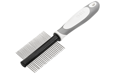Double-sided dog comb with ergonomic handle, featuring fine and wide metal teeth for detangling and grooming.