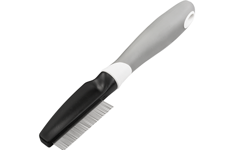 Dog and cat flea comb with fine metal teeth and a ergonomic handle, designed to remove fleas and debris from pet fur.