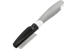 Dog and cat flea comb with fine metal teeth and a ergonomic handle, designed to remove fleas and debris from pet fur.