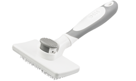 Self-cleaning Dog and Cat Slicker Brush Self-cleaning dog and cat slicker brush with retractable bristles, with a push-button mechanism for easy fur removal.