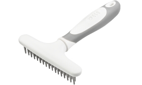 Dog Undercoat Rake Dog undercoat rake with 32 metal pins and a white and ergonomic handle, for grooming and removing excess fur.