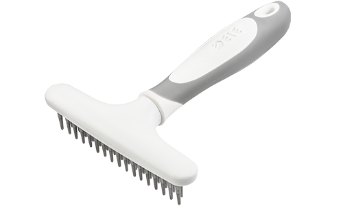 Dog undercoat rake with 32 metal pins and a white and ergonomic handle, for grooming and removing excess fur.