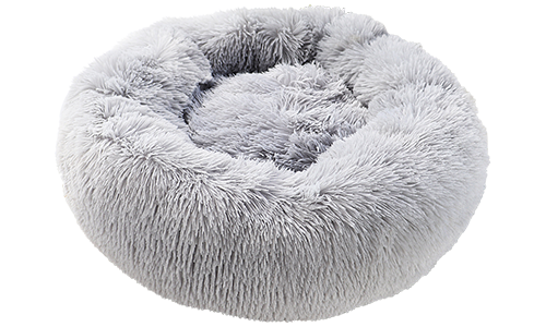 Luxury soft dog bed in a round shape, grey colour, high-quality soft material, for deluxe comfort and elegant design.