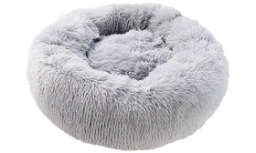 Luxury soft dog bed in a round shape, grey colour, high-quality soft material, for deluxe comfort and elegant design.