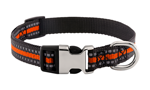 Reflective orange dog collar with engraved metal buckle, 27-40 cm in length and 1.5cm wide, D-rings for leash attachment.