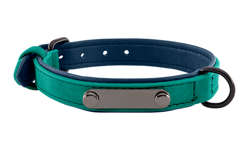 Green luxury velvet dog collar with built-in ID plate for name engraving, 35 - 37cm in length and 1.7cm wide, with D-ring.