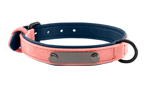 Light pink luxury velvet dog collar with built-in ID plate for name engraving, 35 - 37cm in length and 1.7cm wide, D-ring.