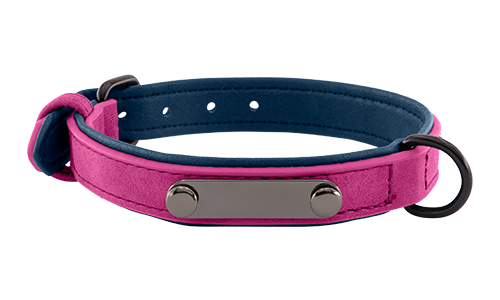 Pink luxury velvet dog collar with built-in ID plate for name engraving, 35 - 37cm in length and 1.7cm wide, with D-ring.