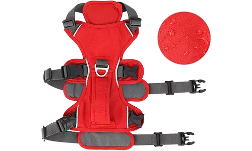 Stylish red breathable nylon dog harness with adjustable straps, perfect fit with quick-release buckles, long-lasting.