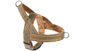 Brown soft padded reflective dog harness with no-pull design, enhanced visibility with adjustable straps.
