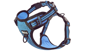 Stylish blue breathable nylon dog harness with adjustable buckle and straps, perfect fit with quick-release buckles.