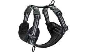 Stylish Breathable Dog Harness Stylish black breathable nylon dog harness with adjustable straps, perfect fit with quick-release buckles.