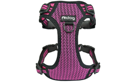 Stylish pink breathable nylon dog harness with adjustable straps, perfect fit with quick-release buckles, long-lasting.