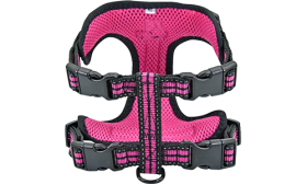 Stylish pink breathable nylon dog harness with adjustable straps, perfect fit with quick-release buckles, stylish.