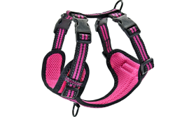 Stylish pink breathable nylon dog harness with adjustable straps, perfect fit with quick-release buckles.