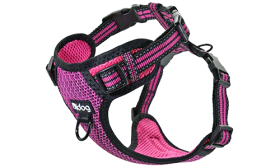 Stylish pink breathable nylon dog harness with adjustable buckle and straps, perfect fit with quick-release buckles.