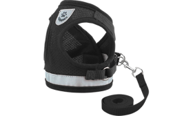 Black reflective dog harness vest with matching leash, lightweight, with breathable mesh fabric for comfort fit.